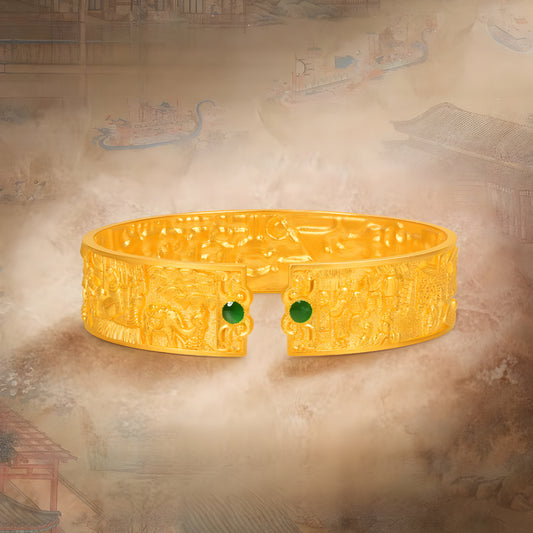 24K Along the River During the Qingming Festival Hand-carved Ancient Style Gold Bracelet