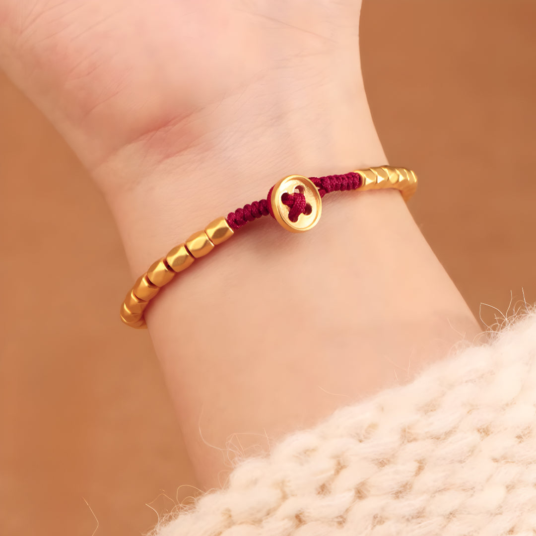 24k Solid 999 Gold Beads Red Braided Rope Bracelet for Men and Women Blessing and Luck