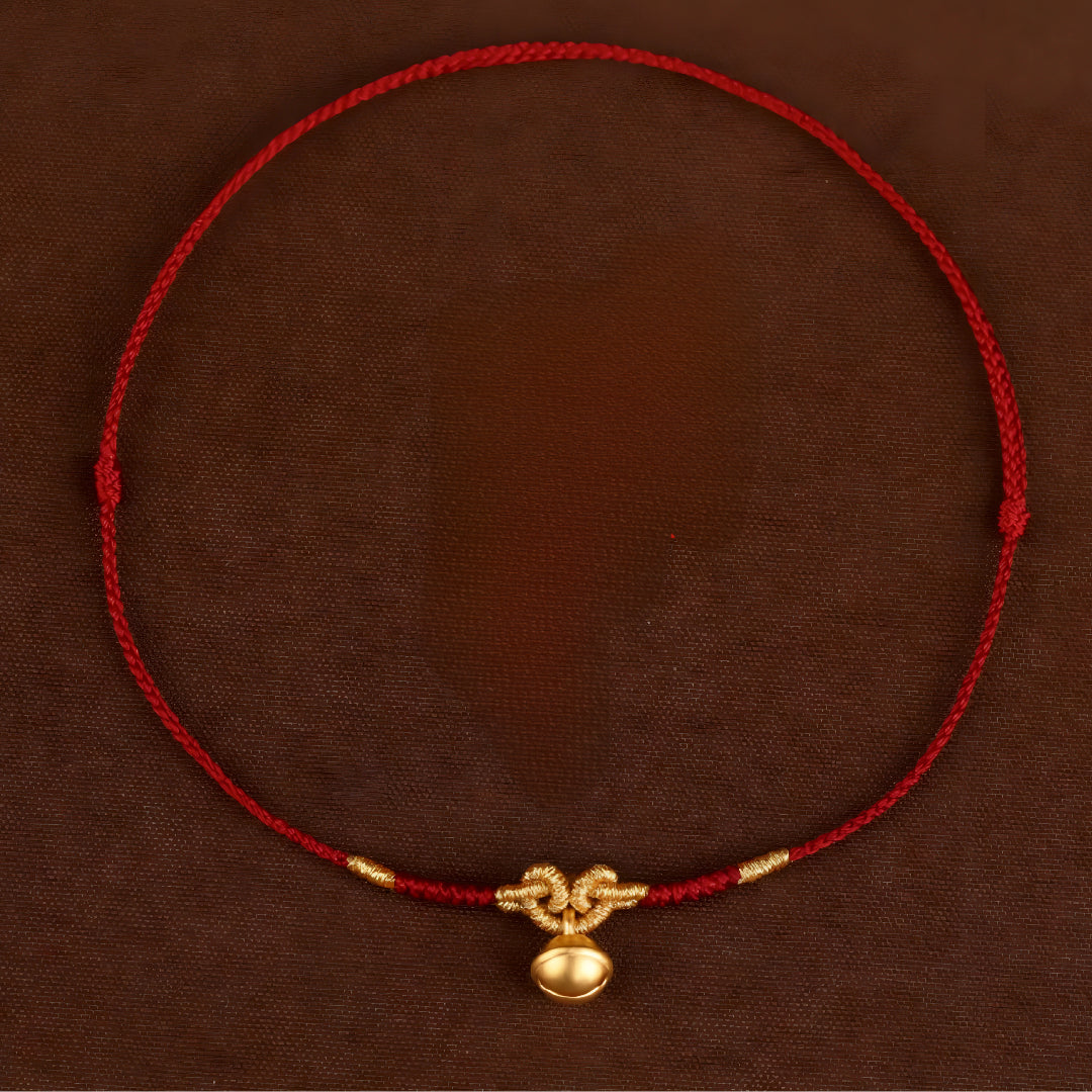 24k Solid 999 Gold Bell Charm Fine Woven Ultra-thin 3D Hard Gold Red Rope Braided Bracelet and Anklet