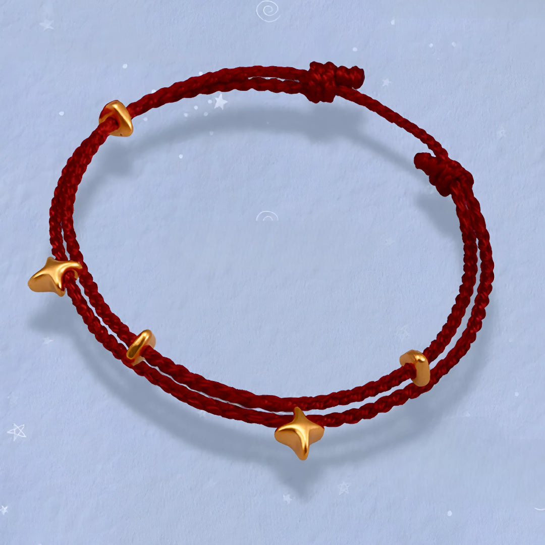 24k Pure 999 Gold Sea of Star Charm with Red or Blue Braided Rope Bracelet