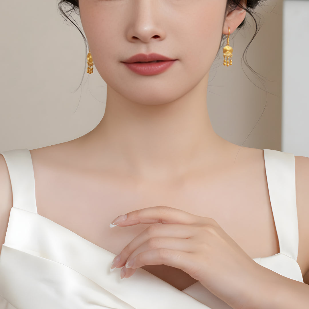 24K Pure Gold Ethnic Style Tassel Swirl Pattern Hoop Earrings - Gypsophila Co.