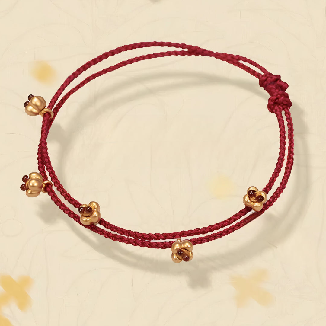 24k Pure 999 Gold Osmanthus fragrans Small Flower Charm with Red Rope Bracelet