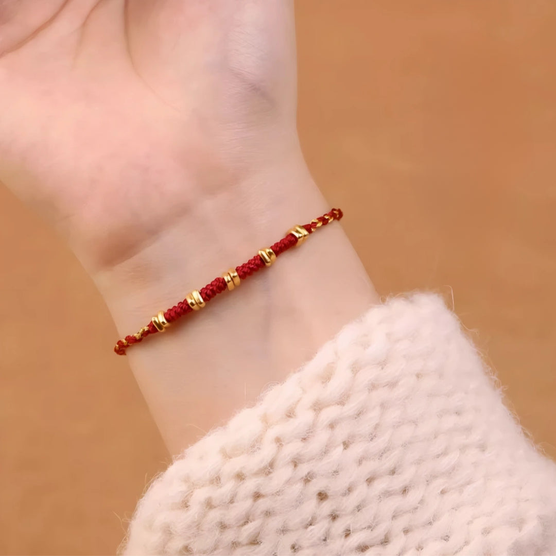 24k Solid 999 Gold Blessing Beads with Red String Braided Rope Bracelet and Anklet for Good Luck