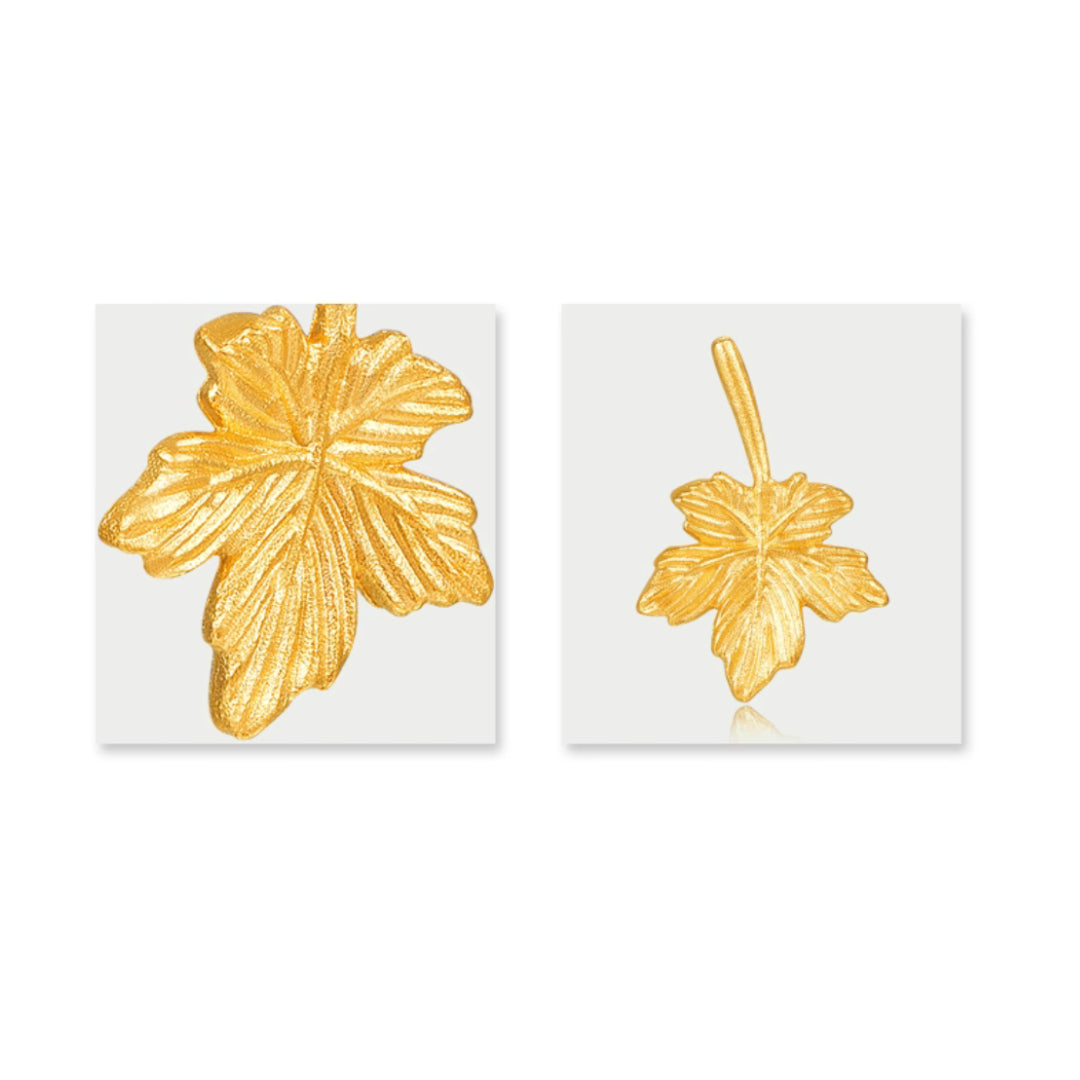 24K Real Solid Gold Maple Leaf Stud Earrings