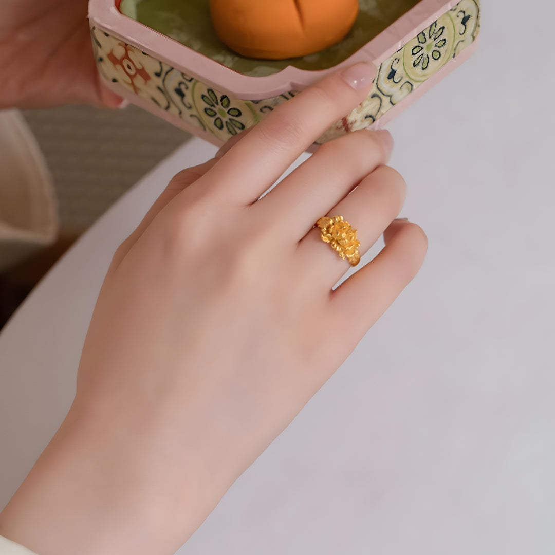 24K Real Gold Peony Flower Statement Stacking Ring