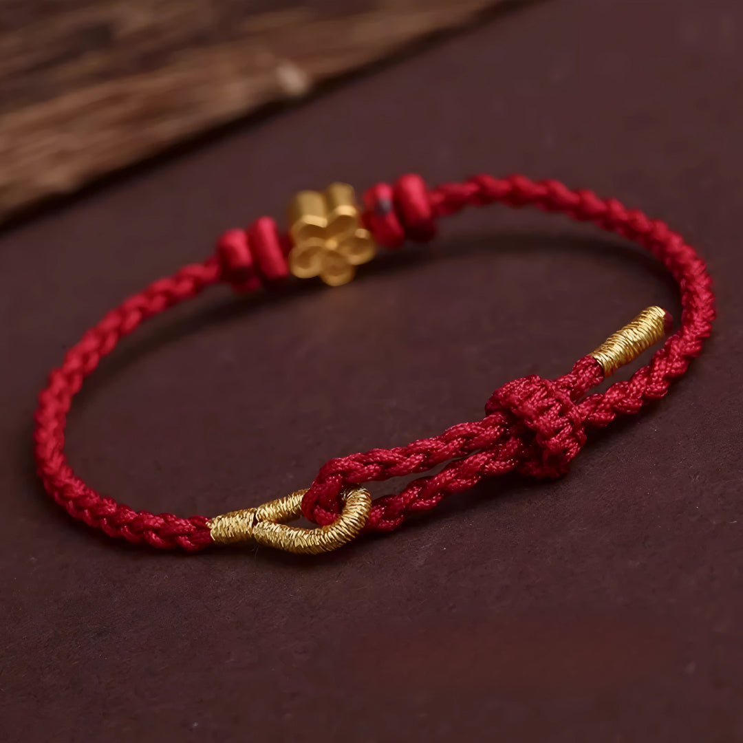 24k Solid 999 Gold Cherry Blossom Flower Red Rope Braided Bracelet