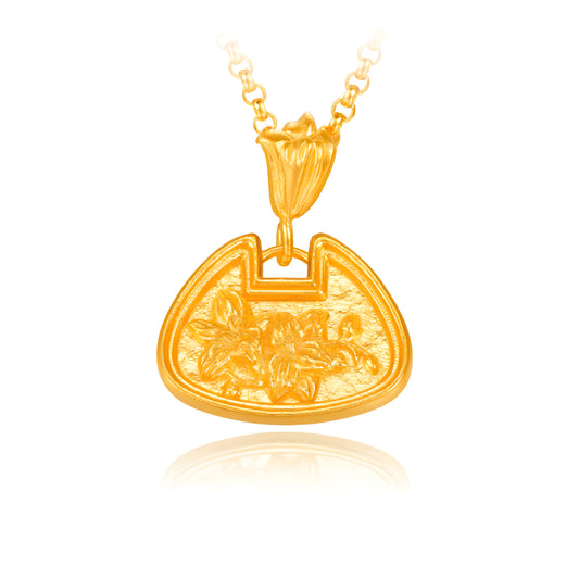 24k Real Gold Ancient Triditional Style Solid Snow Orchid Flower Pendant