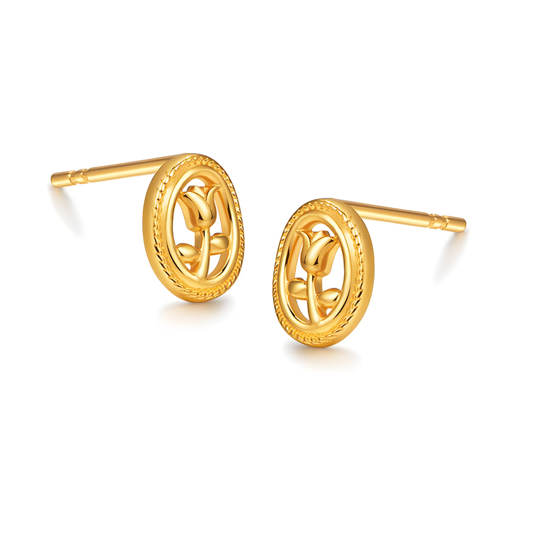 24K Real Gold 5G Pure gold Tulip Flower Oval Retro Stud Earrings