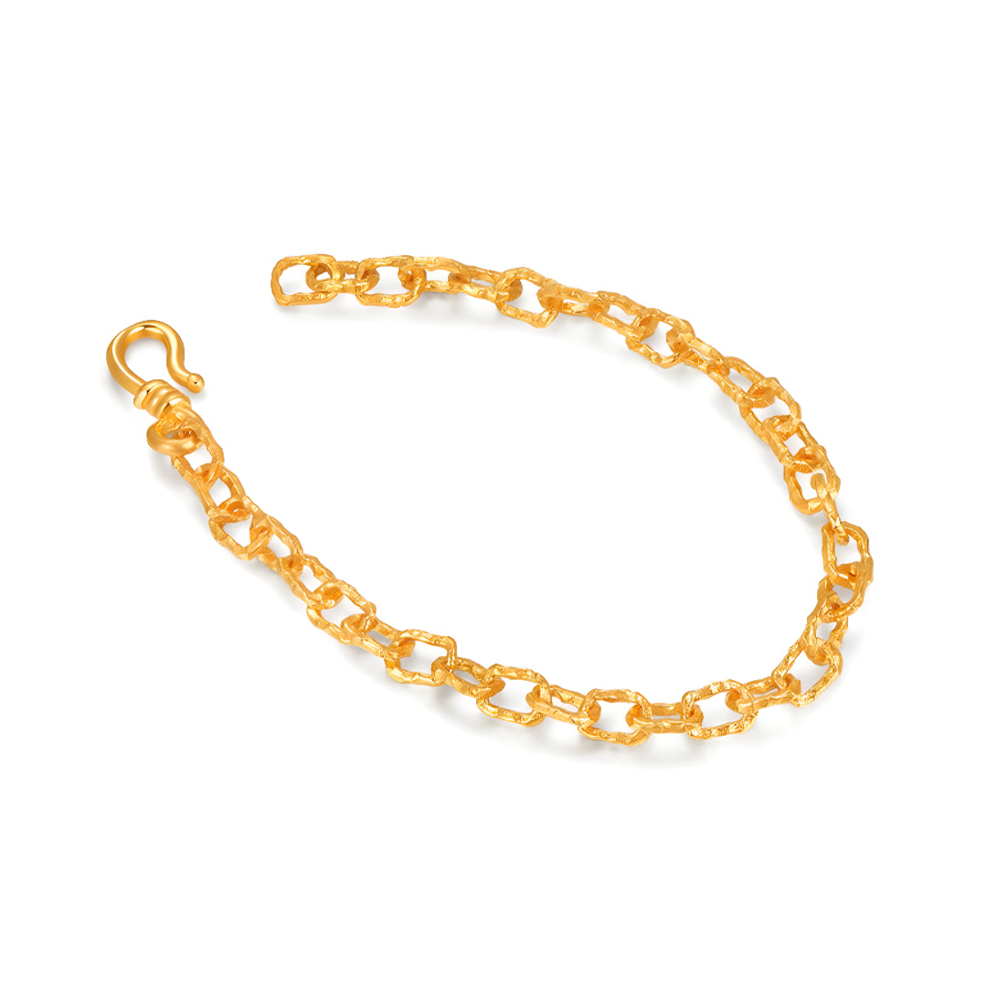 24K Real Gold Handmade Hammered Pattern Chain Link Bracelet