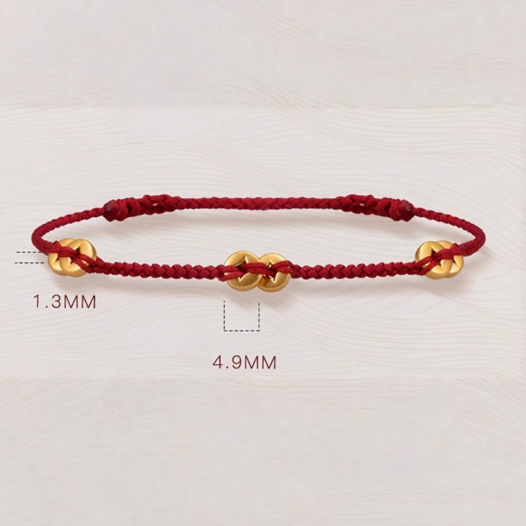 24k Pure 999 Gold Lucky Chinese Coin Red Rope Bracelet
