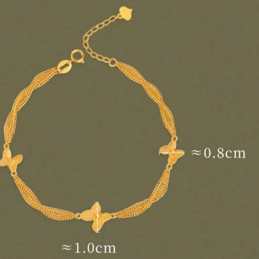 18K Real Gold Double Chain and Link Butterfly Charm Bracelet