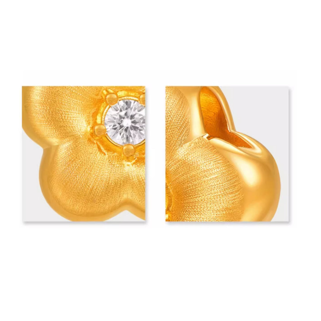 24K Golden Moissanite Flower Gold Stud Earrings And Flower Pendant 5D Retro Brushed Pattern