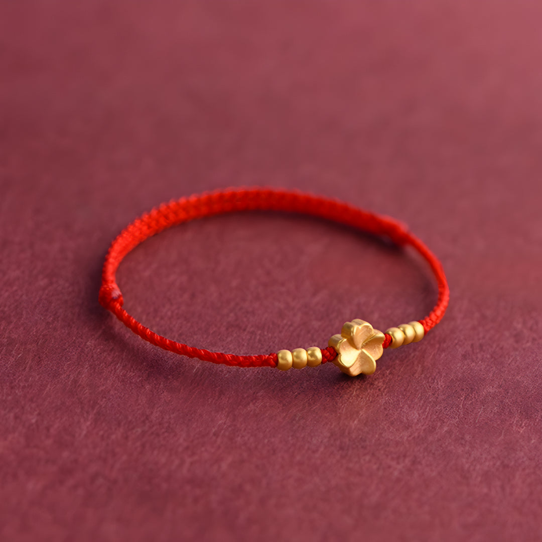 24k Solid 999 Gold Lucky Clover Charm Pendant with Red Rope Bracelet for Men and Women Blessing Braided Bracelet