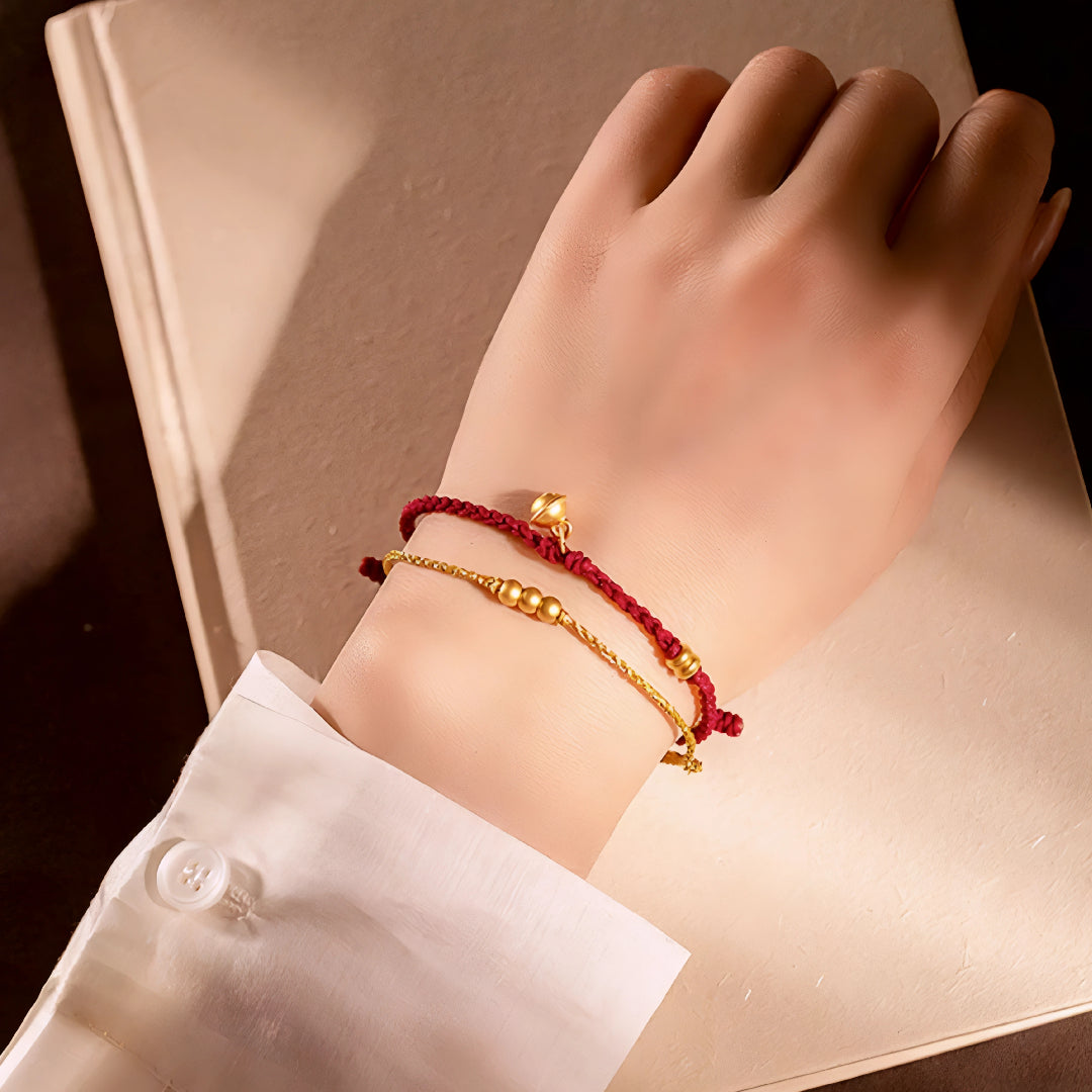 24k Pure 999 Gold Lucky Beads Cube with Golden Rope Bracelet