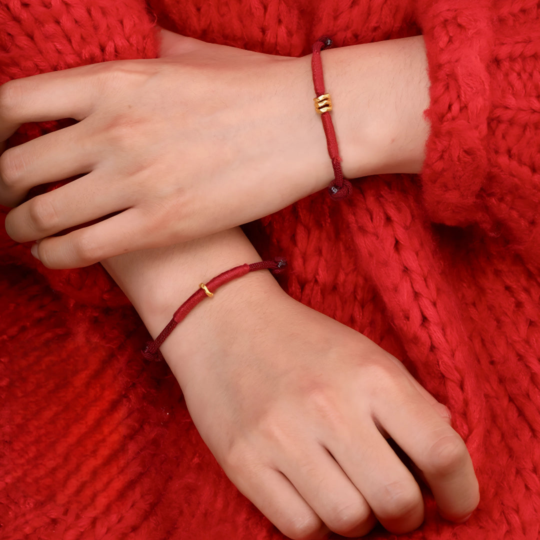 24k Solid 999 Gold Blessing Beads with Red String Braided Rope Bracelet and Anklet for Good Luck