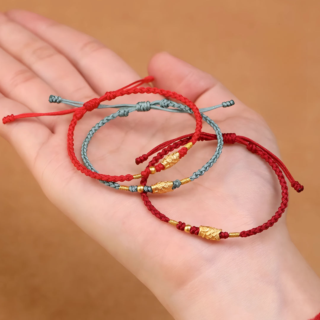 24k Solid 999 Gold Koi Carp Lucky Fish Red Rope Bracelet for Men and Women Braided Bracelet Bring Luck and Wealth