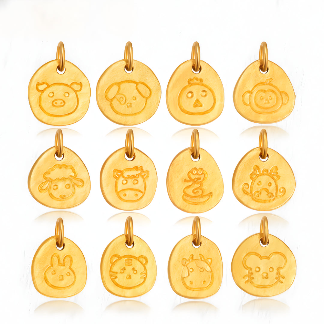 24k Real Gold Chinese Zodiac Gold Pendant Handmade Year of the Zodiac 12 Animals Charm Pendant