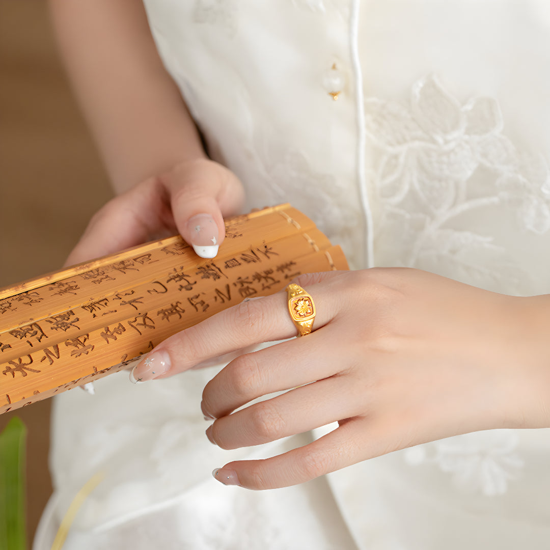 24K Pure Gold Flower Ring enamel Band Stacking Ring