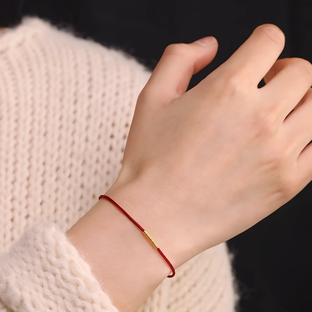 24k Solid 999 Gold Blessing Hoop Beads with Thin Red String Braided Rope Bracelet Minimal Minimalist Style
