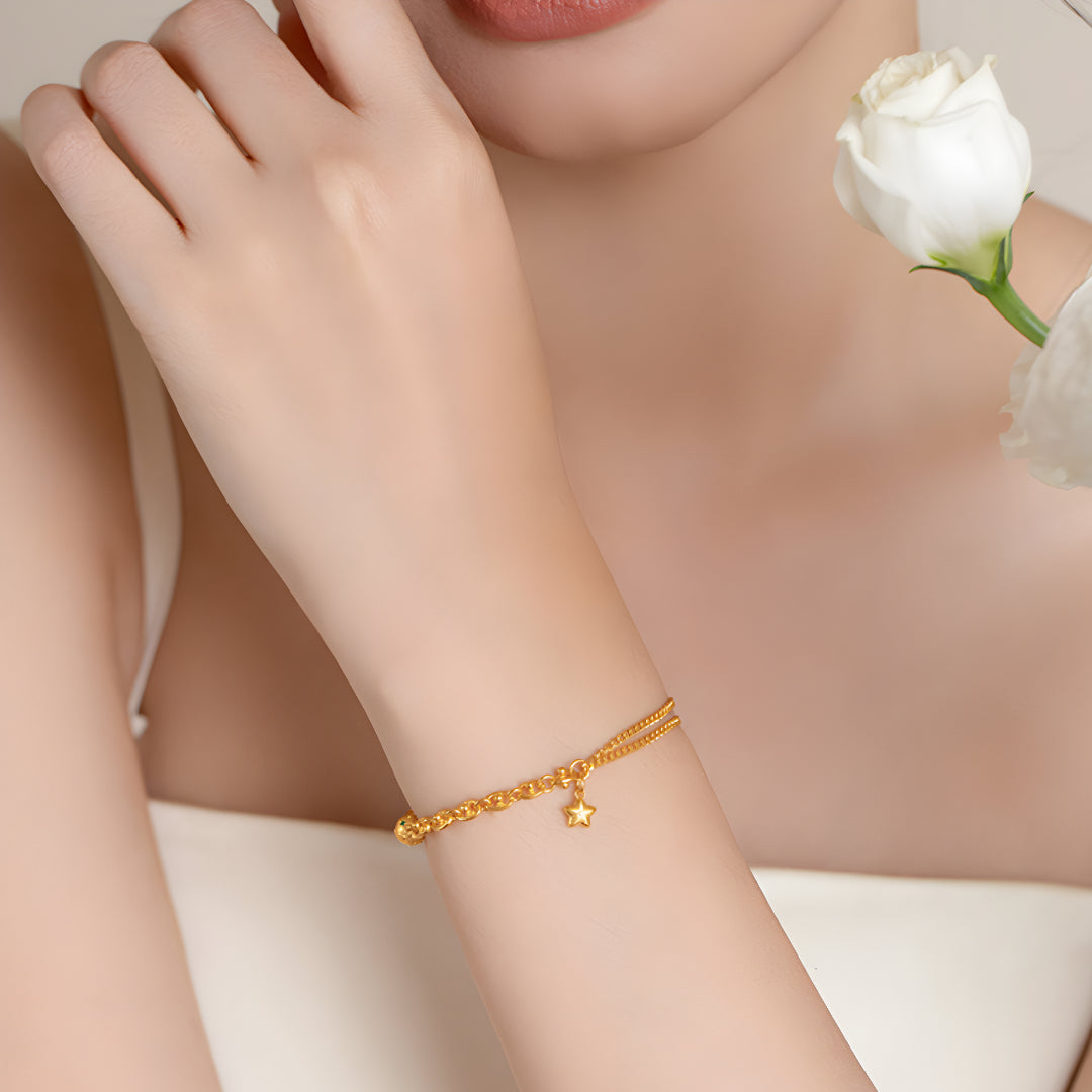24K Pure Gold Moissanite Star and Planet Charm Fairy Tale Double Chain Bracelet - Gypsophila Co.