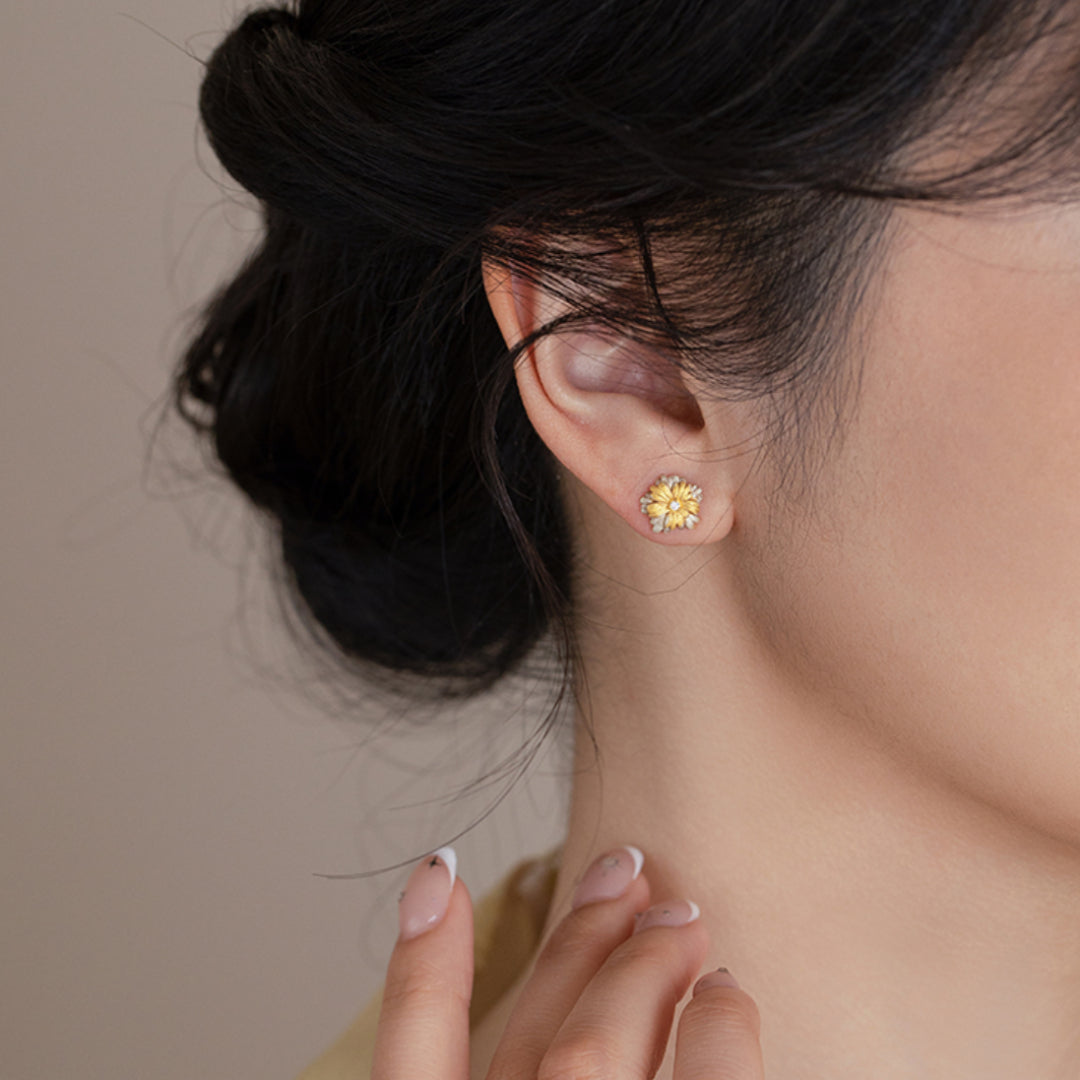 24K Pure Gold Daisy Flower Double color Zircon Elegant Stud Earrings