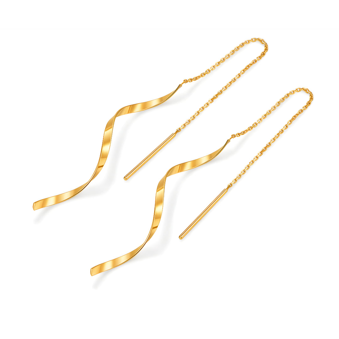 18K Real Gold Wave charm Dangle Threader Earrings