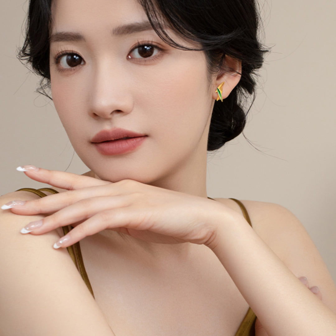 24k Pure Gold Green Enamel Bamboo Leaves Elegant Stud Earrings - Gypsophila Co.