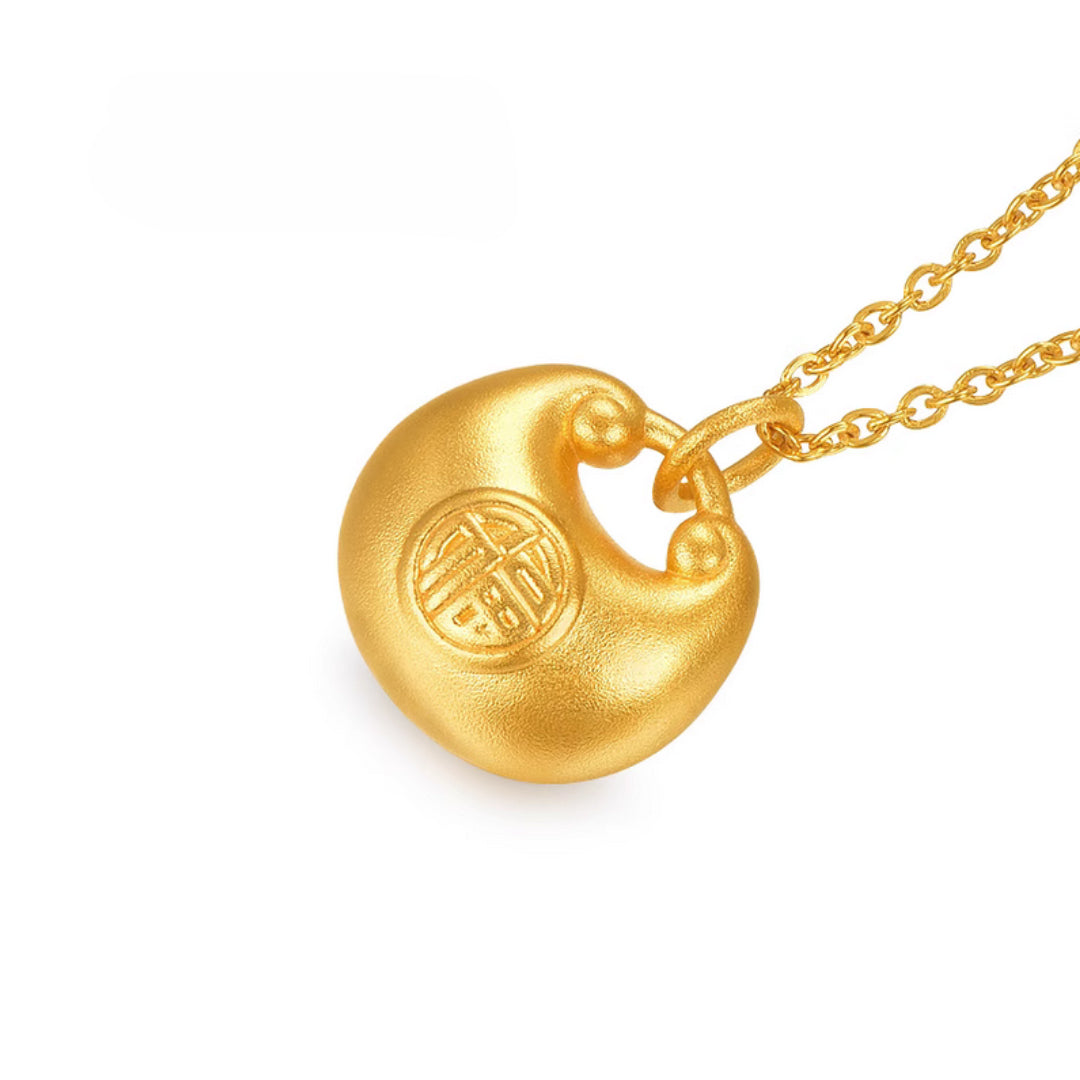 24K Real Gold 3D Hard Gold Fu Blessing Lock Bag Charm Pendant