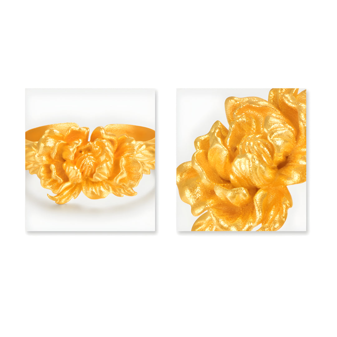 24K Real Gold Peony Flower Statement Stacking Ring