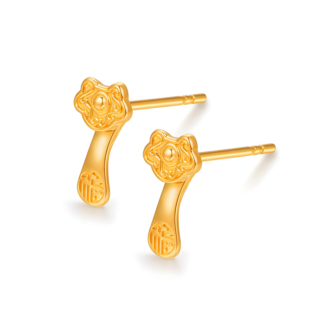 24K Real Gold 5G Gold Ruyi Blessing Good Luck Stud Earrings
