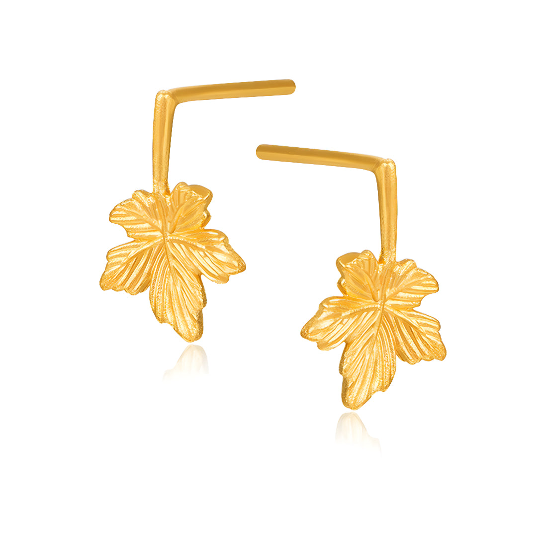 24K Real Solid Gold Maple Leaf Stud Earrings