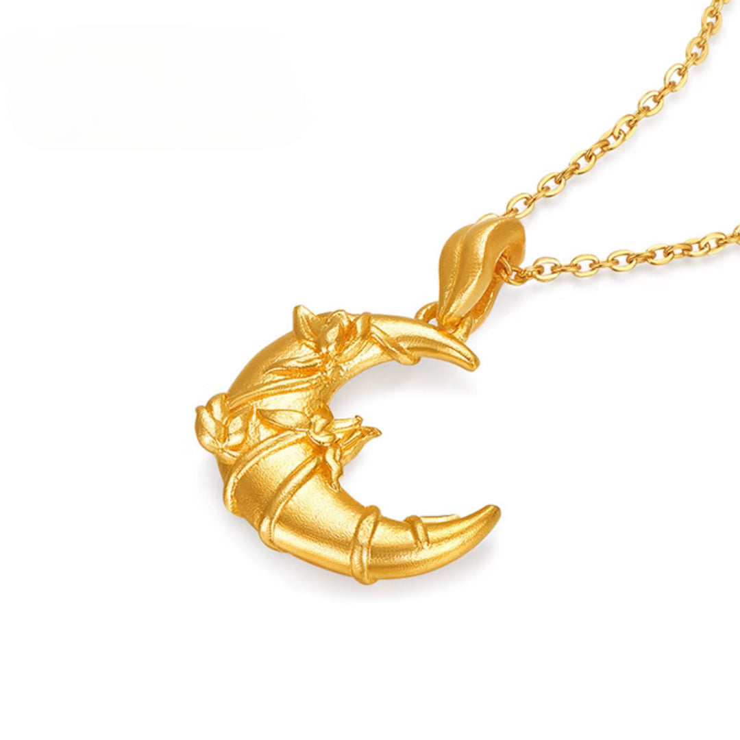 24K Solid Gold Ancient Moon Orchid Pendant