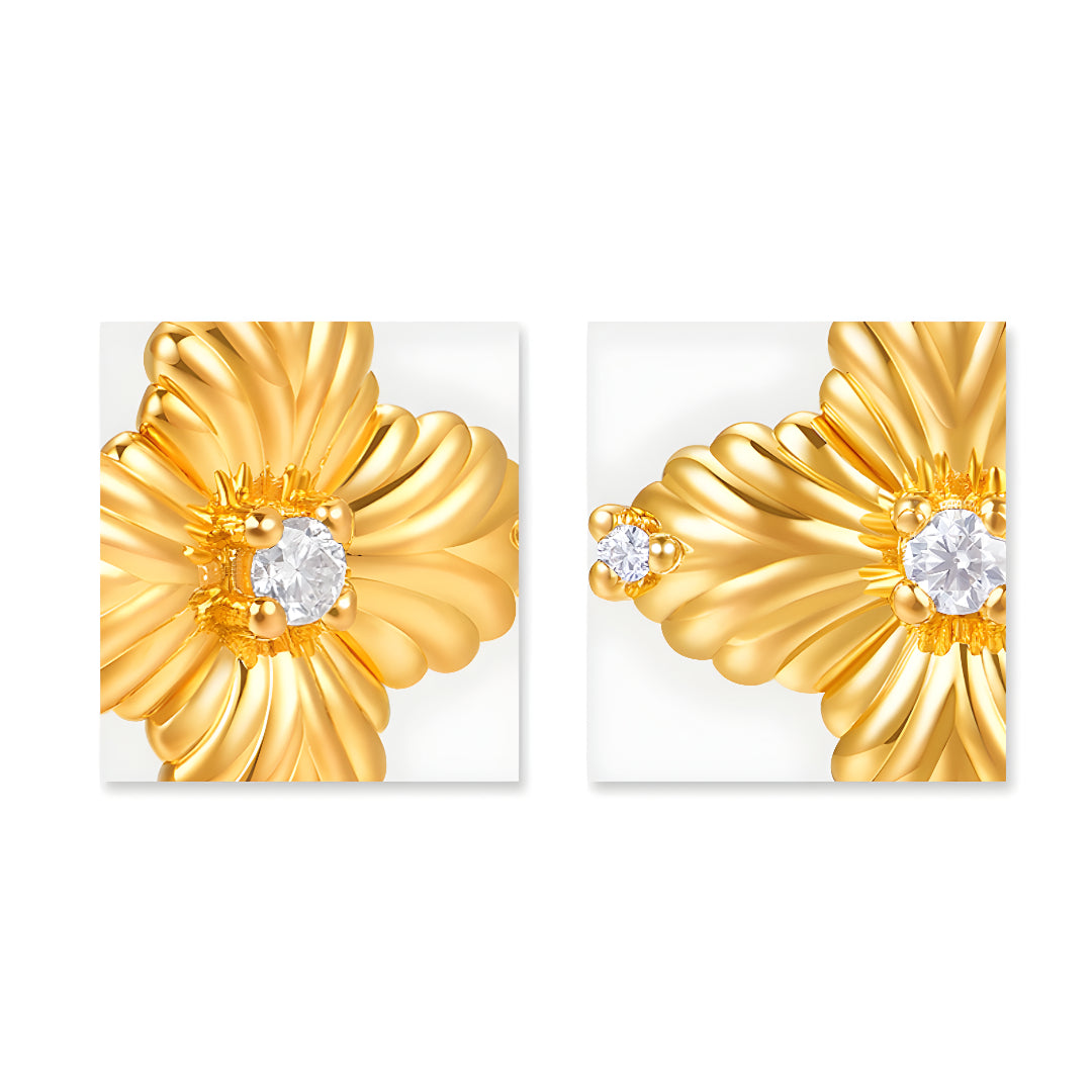 24K Real Gold 5D Gold Four-Leaf Flower Inlay Stud Earrings