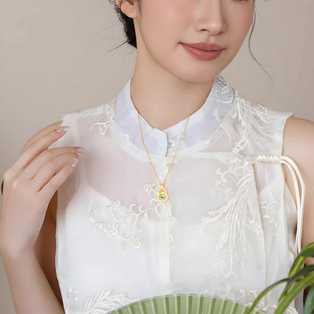 24K Gold Jade Lucky Gourd Pendant with Necklace - Gypsophila Co.