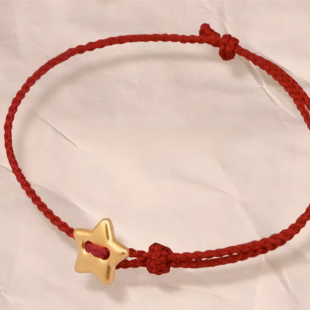 24k Pure 999 Gold Star Cat Dog Deer Apple Charm with Red Rope Bracelet
