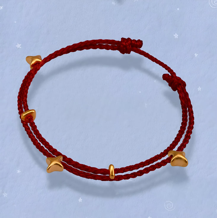 24k Pure 999 Gold Sea of Star Charm with Red or Blue Braided Rope Bracelet