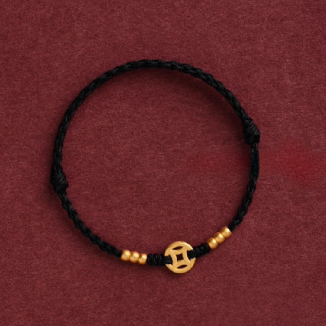 24k Solid 999 Gold Chinese Coin Red Rope Bracelet for Men and Women Blessing and Bring Wealth Braided Bracelet
