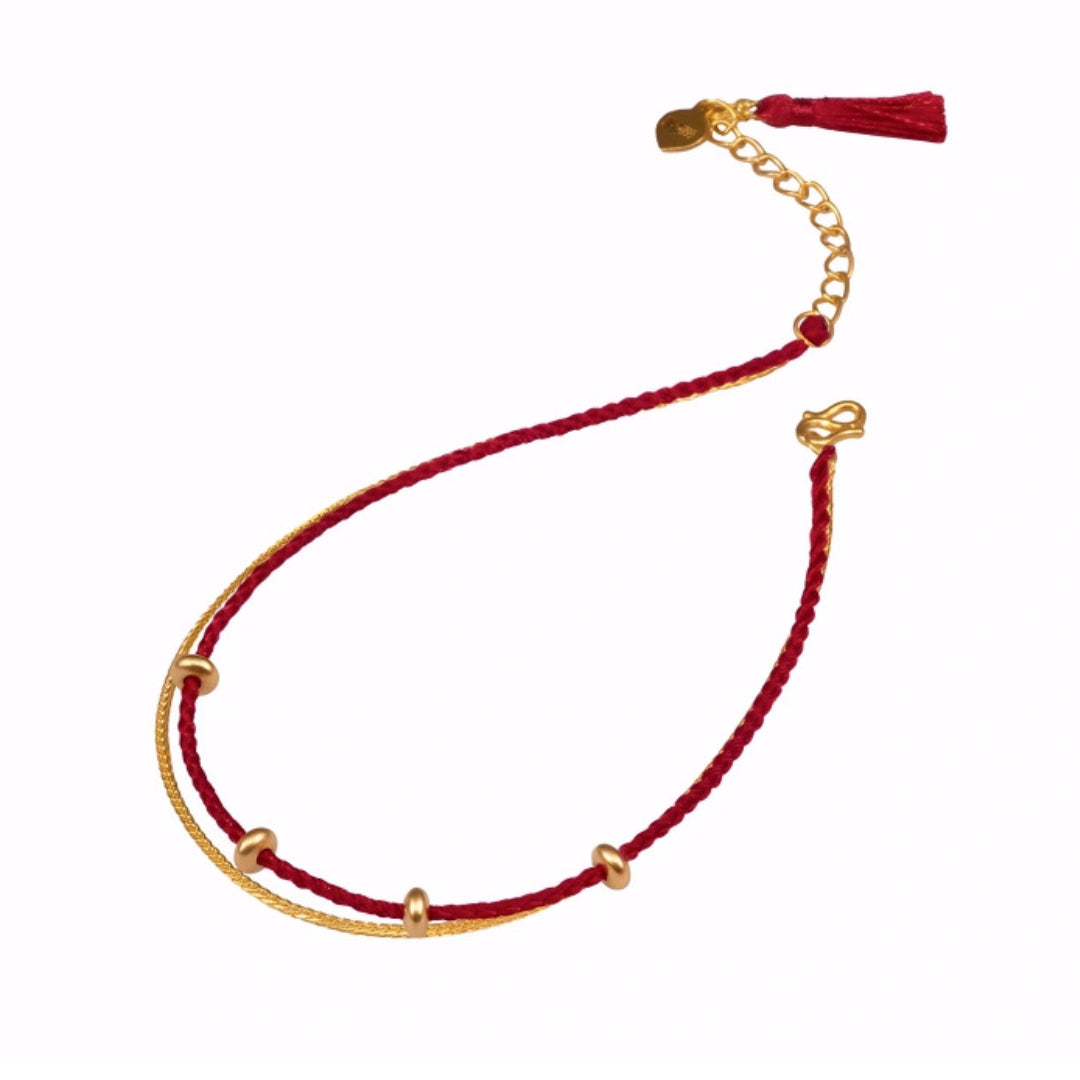 24k Pure 999 Gold Braided red Rope Gold Chain Double Dual Layer Bracelet
