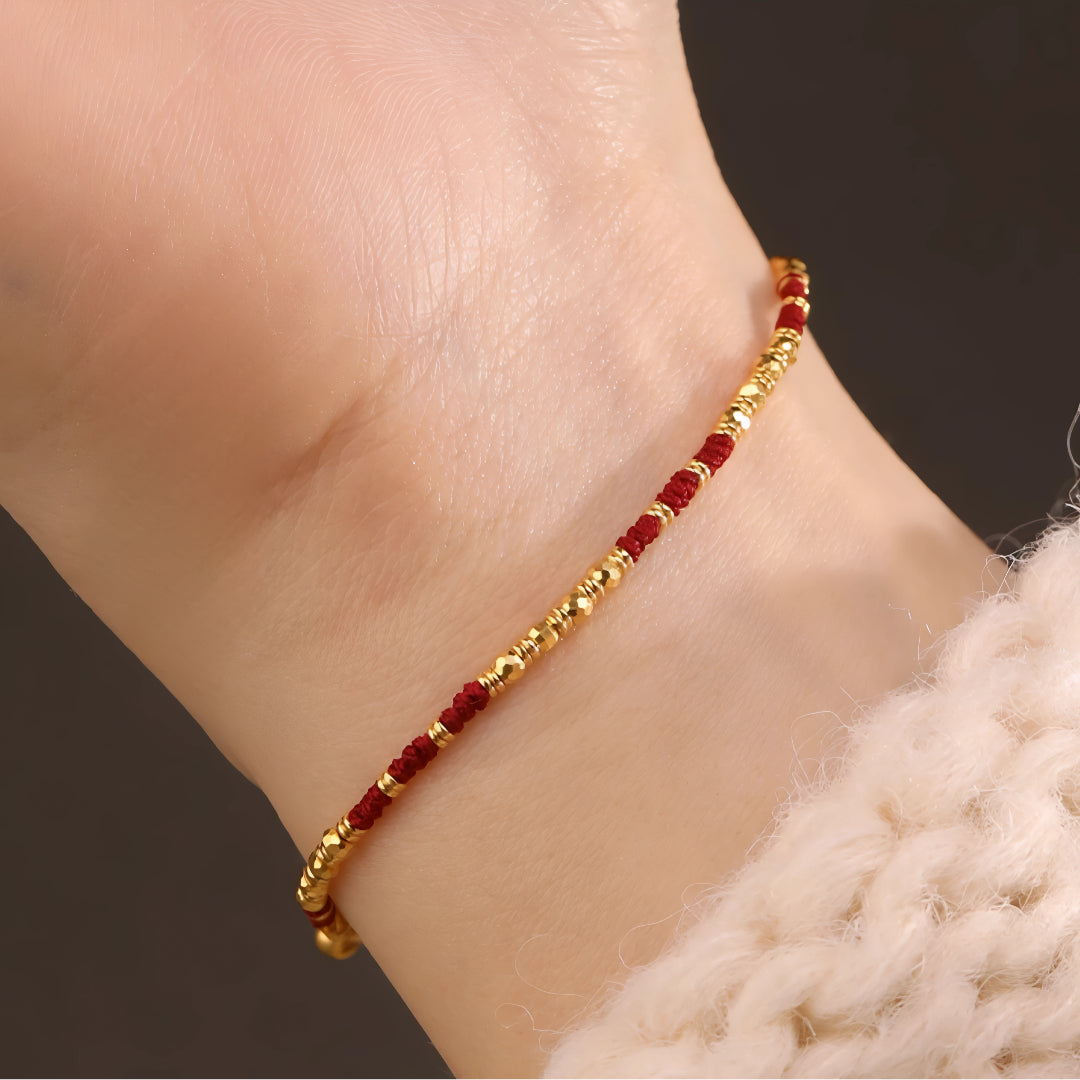 24k Solid 999 Gold Chinese Beads Red Braided Rope Bracelet for Men and Women Blessing and Luck