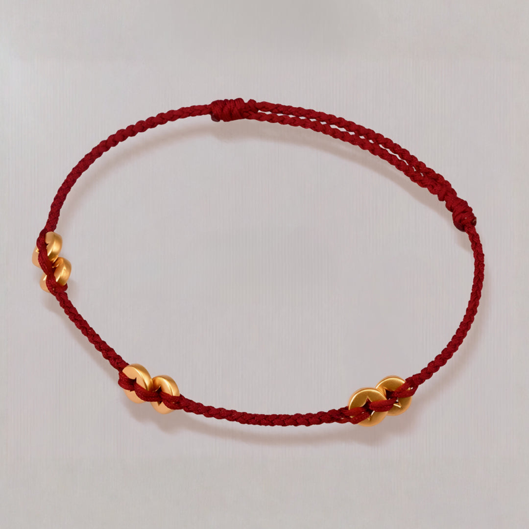 24k Pure 999 Gold Lucky Chinese Coin Red Rope Bracelet