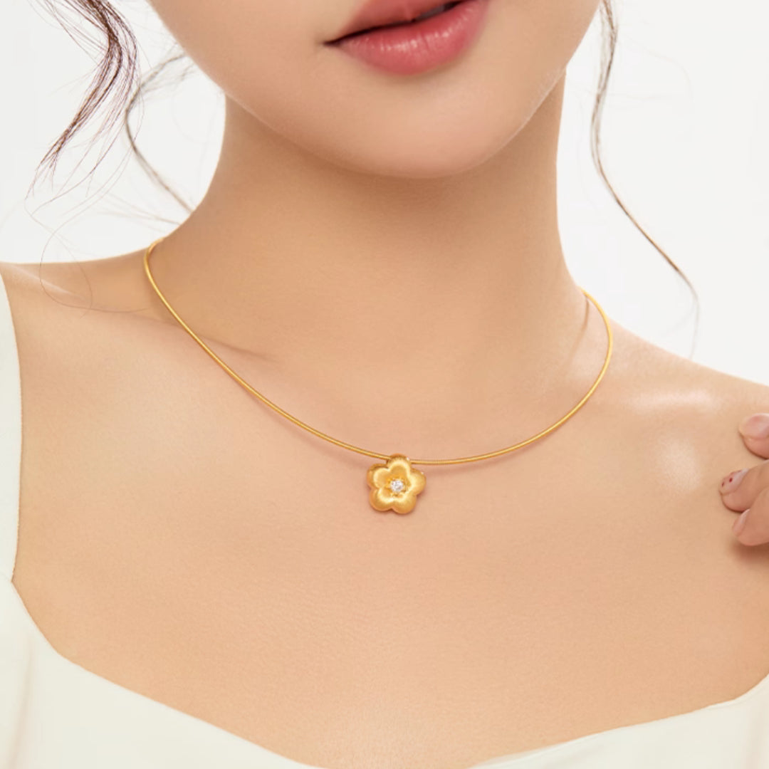 24K Golden Moissanite Flower Gold Stud Earrings And Flower Pendant 5D Retro Brushed Pattern