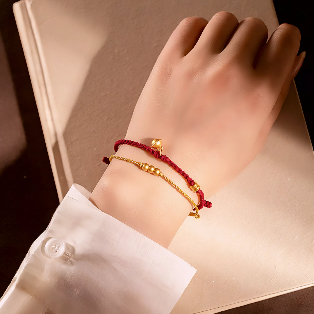 24k Pure 999 Gold Lucky Beads Cube with Golden Rope Bracelet