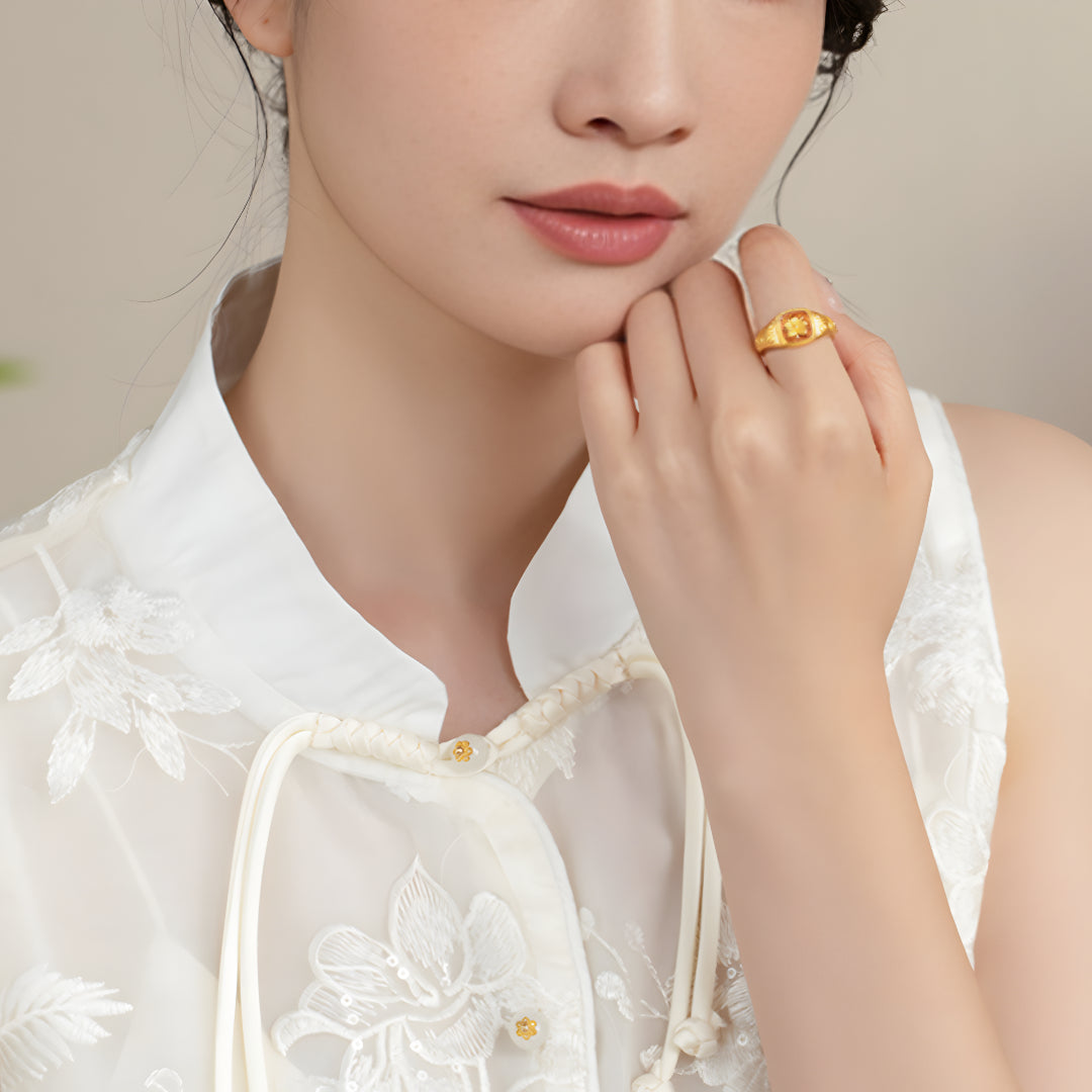 24K Pure Gold Flower Ring enamel Band Stacking Ring