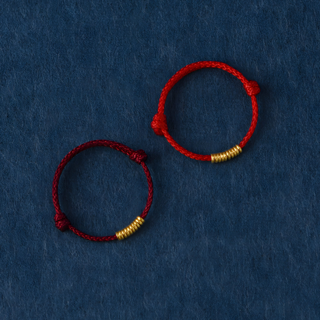 24k Solid 999 Gold Lucky Beads Red Rope Braided Adjustable Stacking Ring Minimal Style