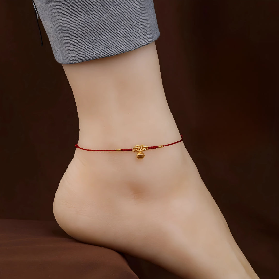24k Solid 999 Gold Bell Charm Fine Woven Ultra-thin 3D Hard Gold Red Rope Braided Bracelet and Anklet