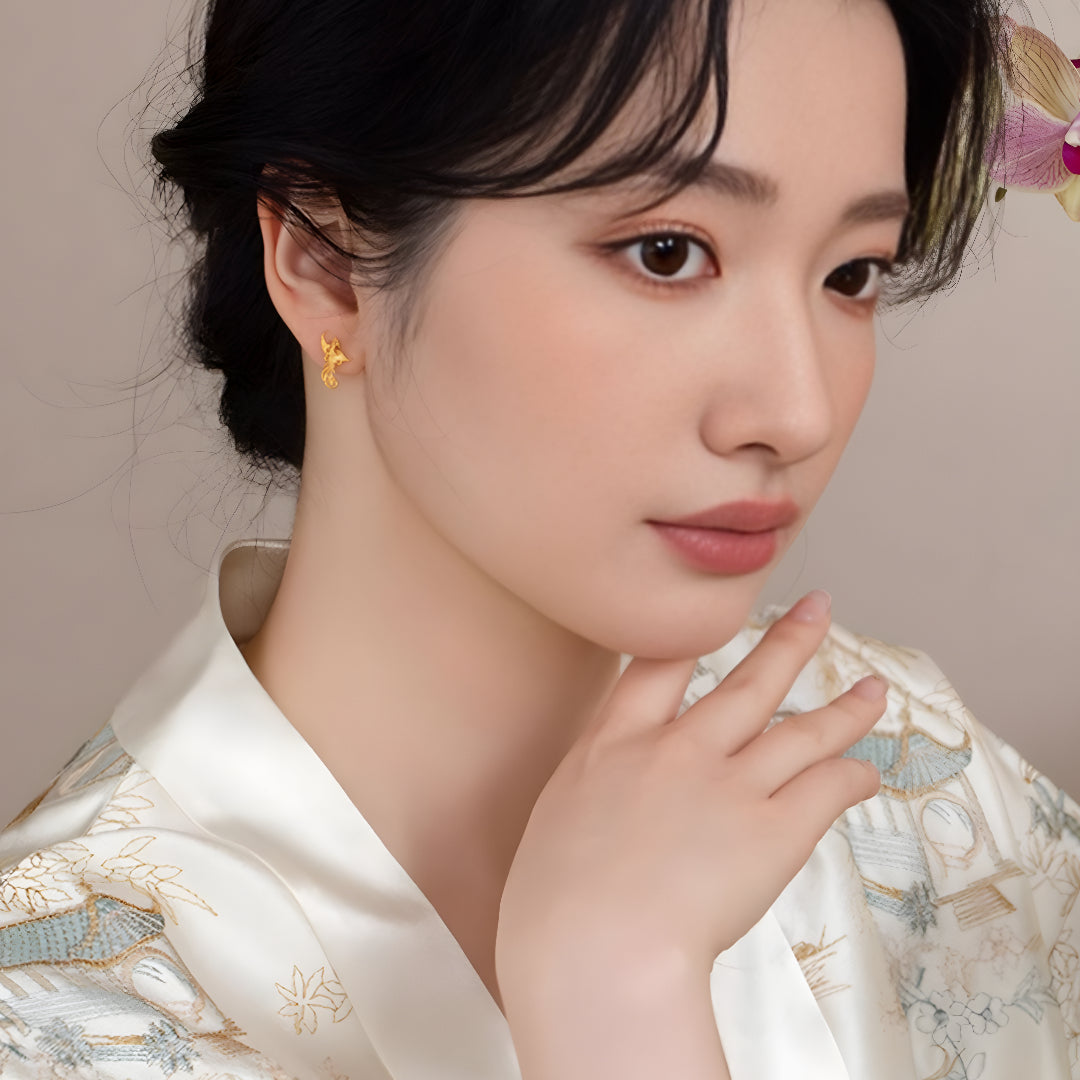 24K Pure Gold Flying Phoenix Wedding Bridal Stud Earrings