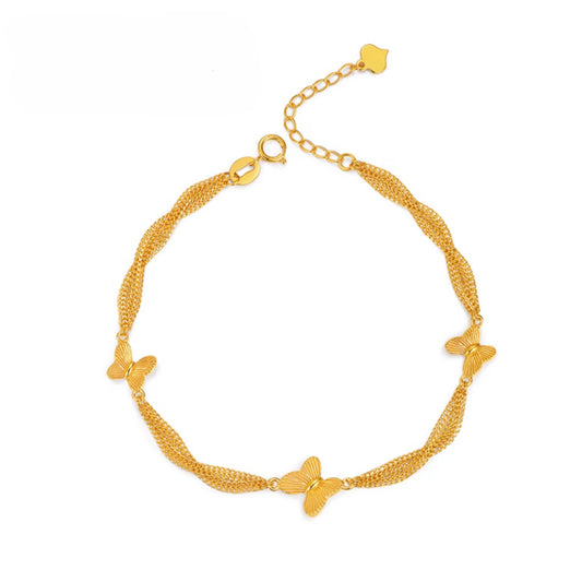 18K Real Gold Double Chain and Link Butterfly Charm Bracelet