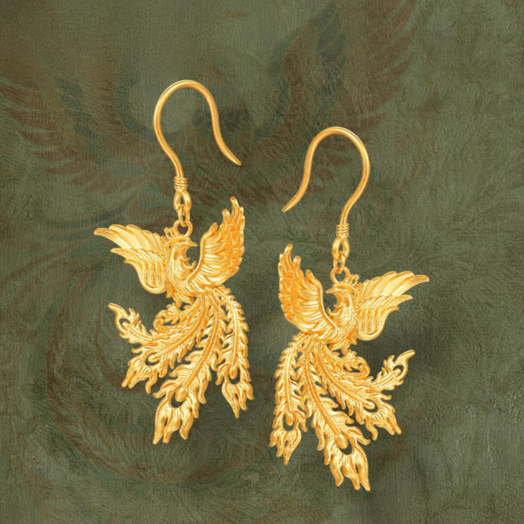 24K Pure Gold Flying Phoenix Wedding Bridal Hoop Earrings - Gypsophila Co.