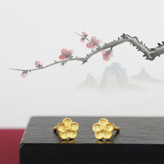 24K 999 Pure Solid Gold Hand-Carved Peach Blossom Flower Stud Earrings Lovely Gift