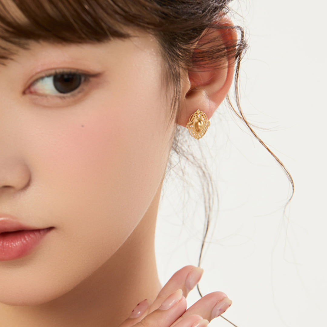 18K Gold Earrings Oval Palace Rococo Stud Earrings